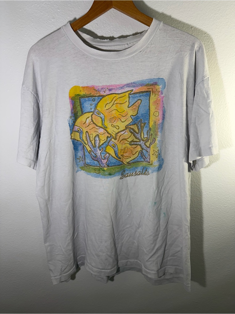 Vintage 90s Single Stitch White Graphic Fish Print Tee